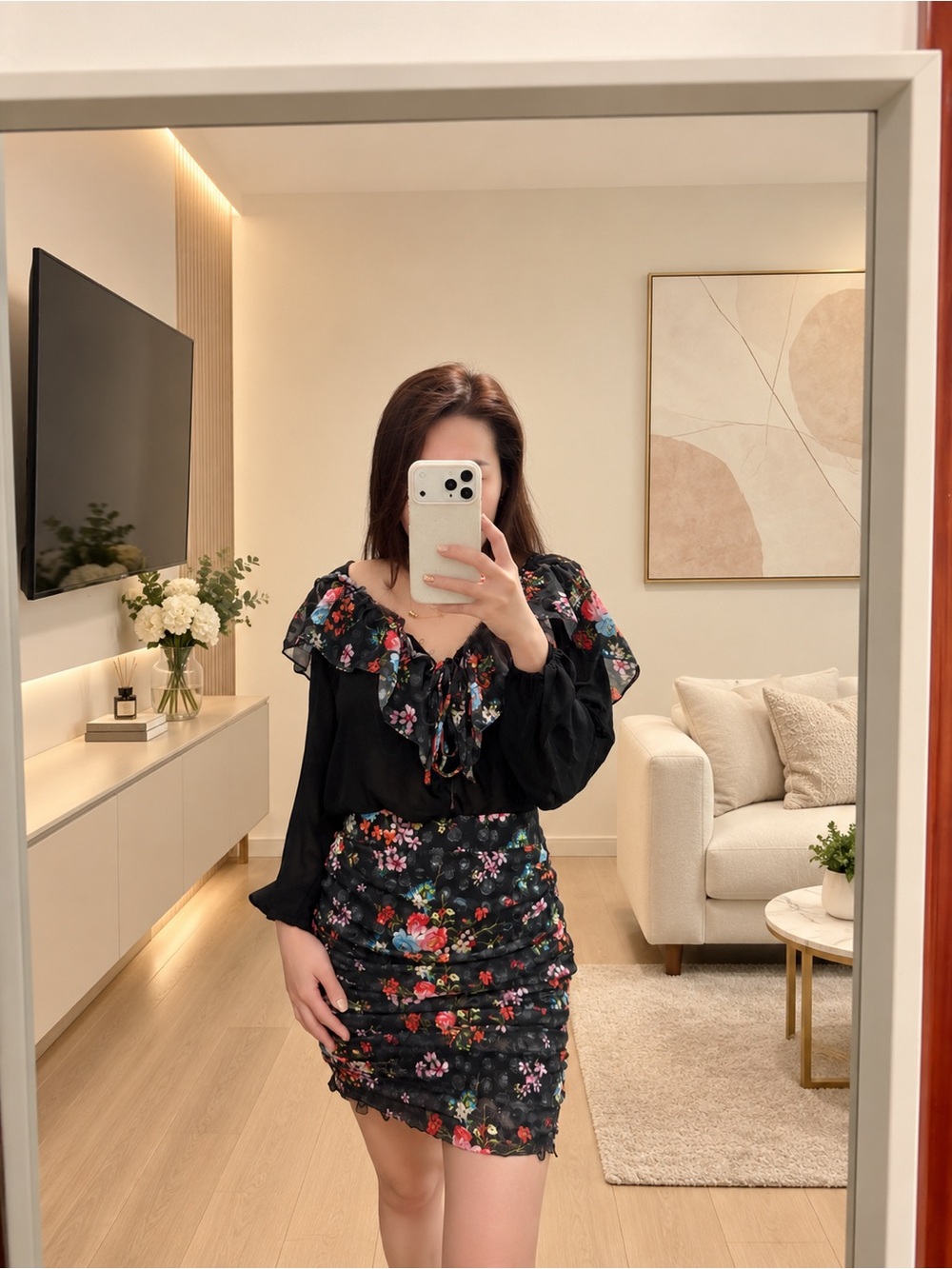 Black Floral Ruffle Mini Skort and Floral Top matching
